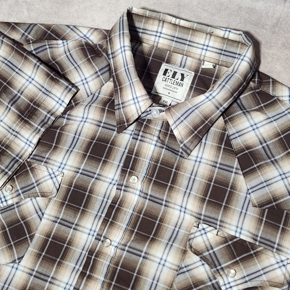 Ely Cattleman Mens XXL Brown Plaid Western Pearl Snap Short Sleeve Shirt‎ XXL
